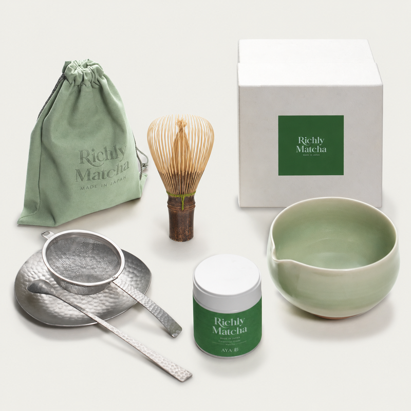 AYA ceremonial matcha gift set with black bamboo Takayama chasen, Kiyomizu bowl and silver tools