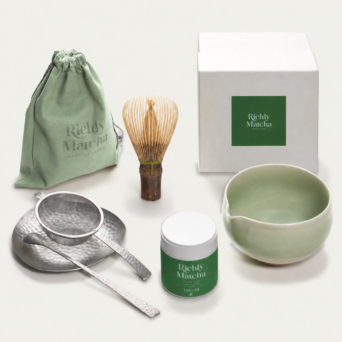 TAKUMI ceremonial matcha gift set with black bamboo Takayama chasen, Kiyomizu bowl and silver tools